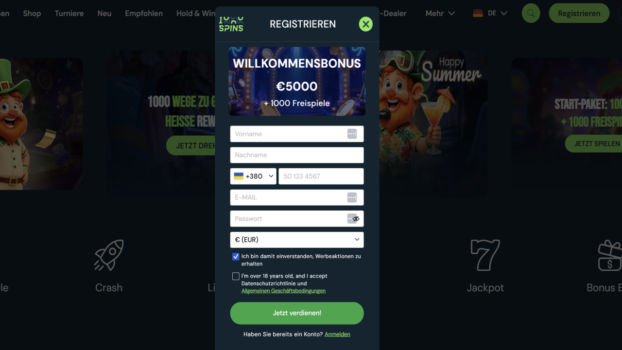 1000spins registration